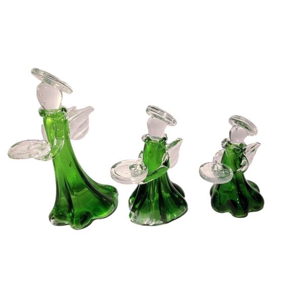 VTG Christmas Angels Art Glass Figurines Set of 3 Votive Candle Holders Green - Picture 2 of 14